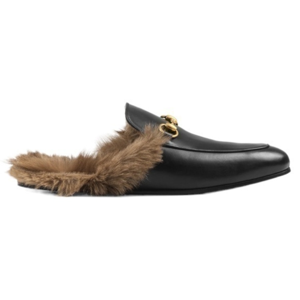 GUCCI Men’s Princetown Lamb Wool Lined Black Leather Slipper Mules Size 9